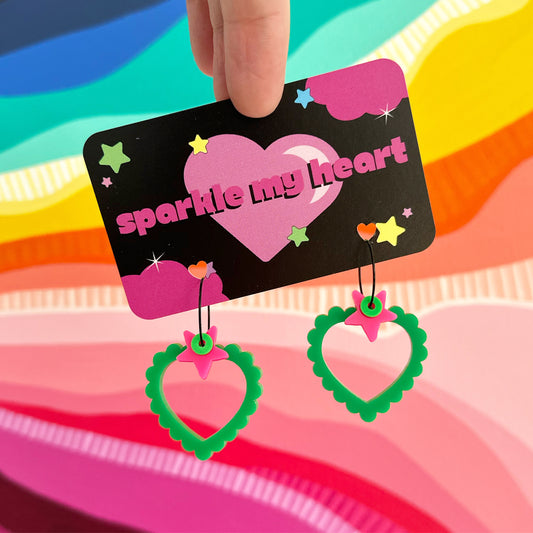 Heart Frill Earrings • Green / Pink