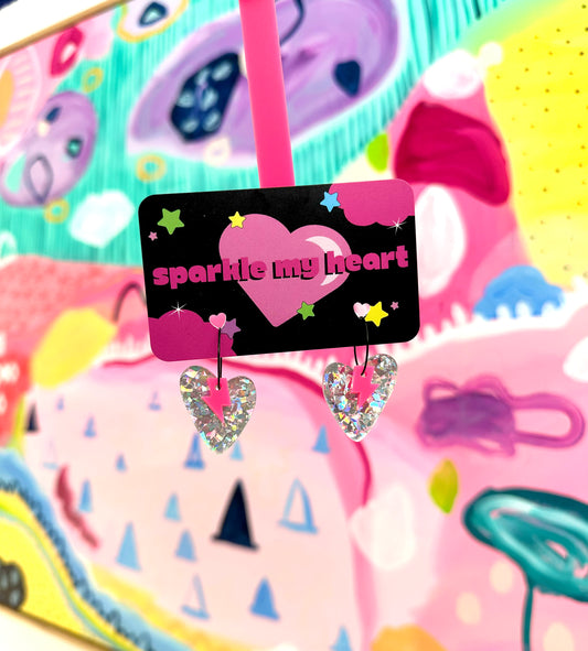 Sparkle Heart Earrings • Pink Bolt
